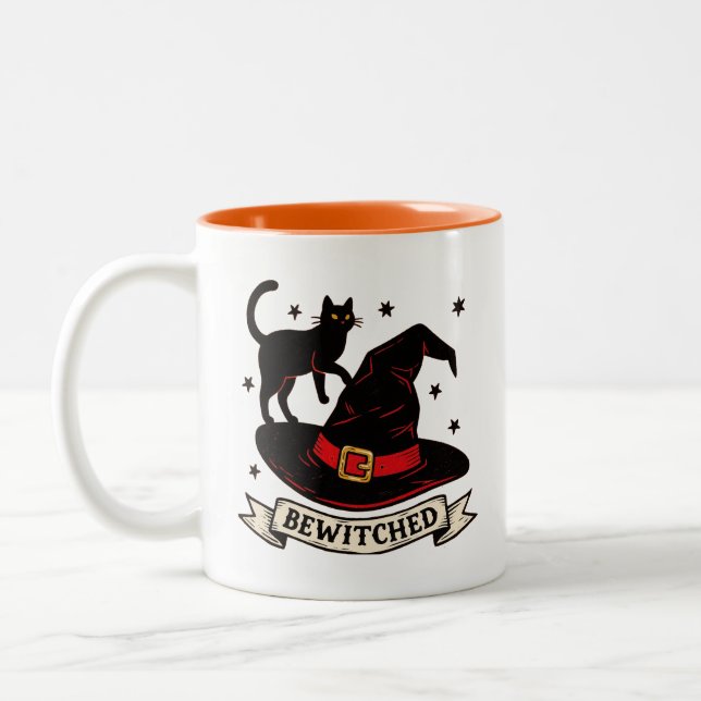 Retro Bewitched Black and Orange Halloween Two-Tone Coffee Mug (Left)