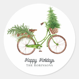 Retro Bicycle Christmas Tree and Pines Holiday Classic Round Sticker