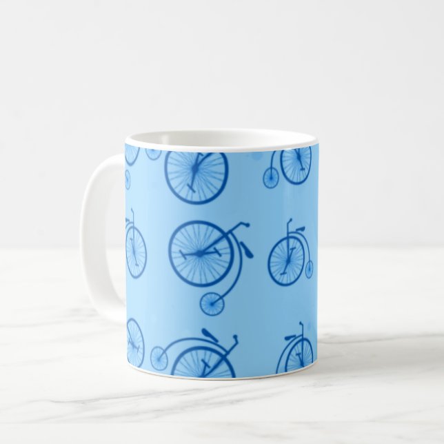 Retro Bicycle Pattern in Blue Tones  Coffee Mug (Front Left)