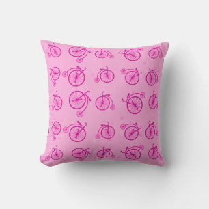 Retro Bicycle Pattern on Pink Background Throw Pillow
