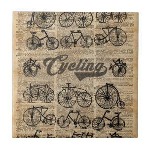 Retro Bicycles Vintage Illustration Dictionary Art Tile