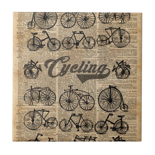 Retro Bicycles Vintage Illustration Dictionary Art Tile (Front)