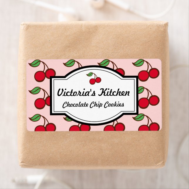 Retro Big Pink Cherry Personalized Kitchen Labels (Insitu)