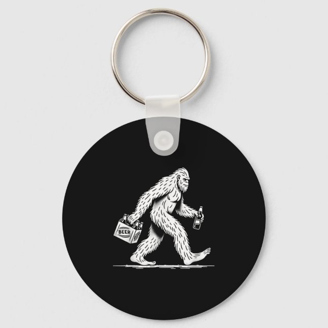 Retro Bigfoot Drinking Beer – Funny Sasquatch  Keychain (Front)