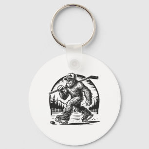 Retro Bigfoot Hockey Funny Sasquatch Bigfoot Playi Keychain