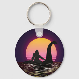 Retro Bigfoot Riding The Loch Ness Basic Button Keychain