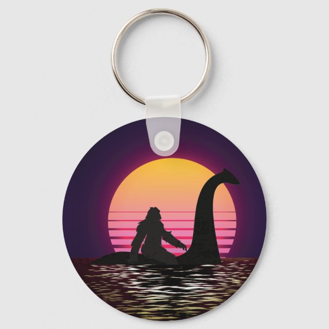 Retro Bigfoot Riding The Loch Ness Basic Button Keychain (Front)