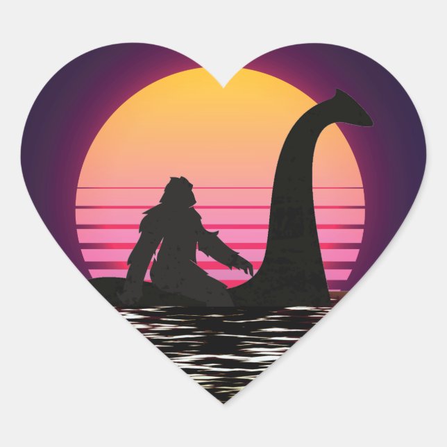 Retro Bigfoot Riding The Loch Ness Heart Sticker (Front)