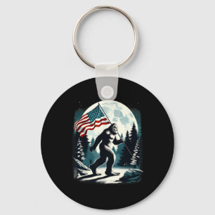 Retro Bigfoot Sasquatch Full Moon Patriotic Americ Keychain
