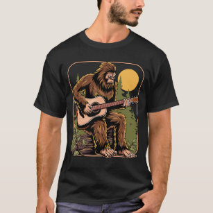 Retro Bigfoot Sasquatch Playing Acoustic Guitar  T-Shirt