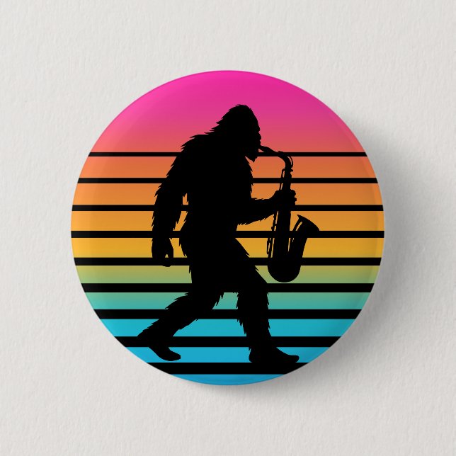 Retro Bigfoot Saxophone Sunset 2 Inch Round Button (Front)