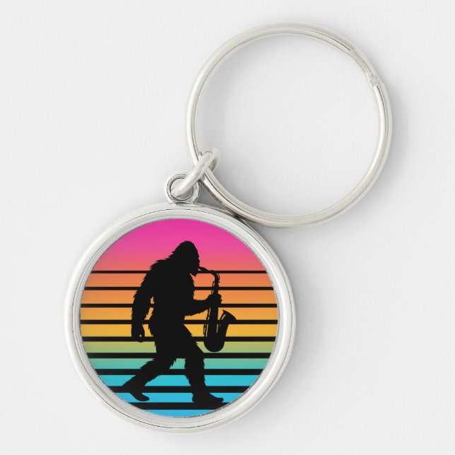 Retro Bigfoot Saxophone Sunset Keychain (Front)