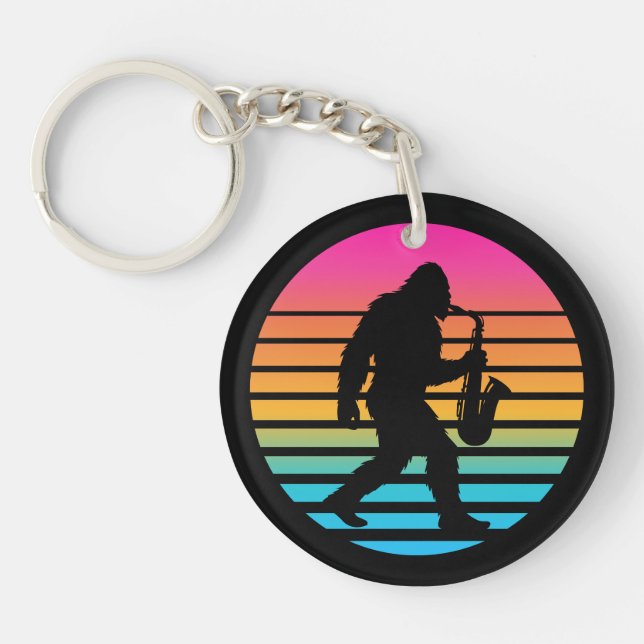 Retro Bigfoot Saxophone Sunset Keychain (Front)