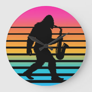 Retro Bigfoot Saxophone Sunset Large Clock