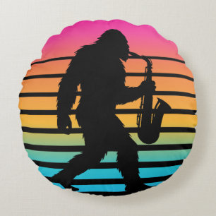 Retro Bigfoot Saxophone Sunset Round Pillow