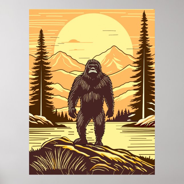 Retro Bigfoot Vintage Sasquatch Mountains   Poster (Front)