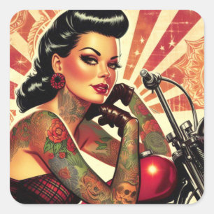 Retro Biker Pin-up Square Sticker
