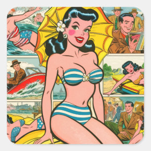 Retro Bikini Girl Summer Comics Square Sticker