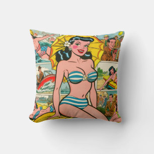 Retro Bikini Girl Summer Comics Throw Pillow