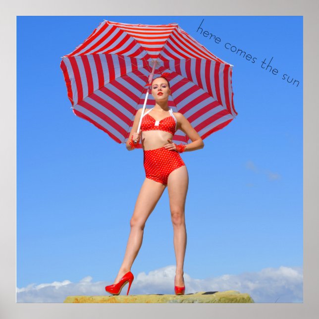 Retro bikini model/red stripe parasol poster (Front)