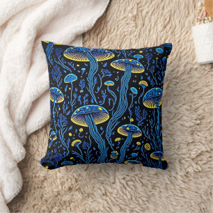 Retro Bioluminescent Mushroom Pattern Throw Pillow