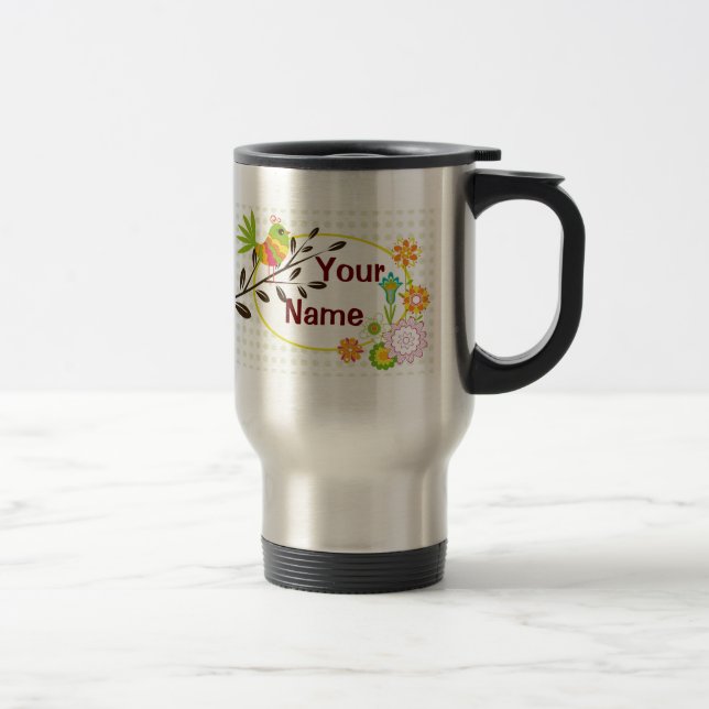 Retro Bird and Flowers Your  Name Mug (Right)