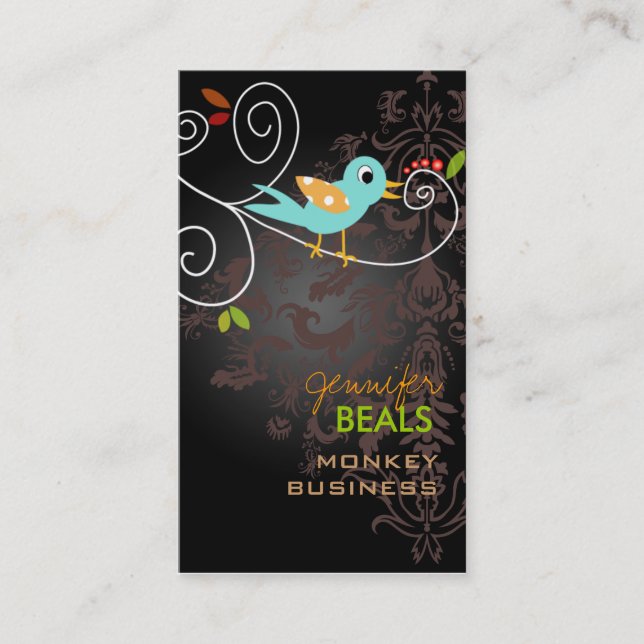 Retro bird on a branch + black + coffee business card (Front)