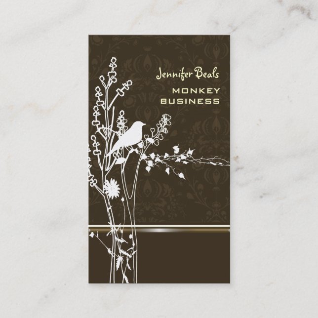 Retro bird on a branch + damask business card (Front)