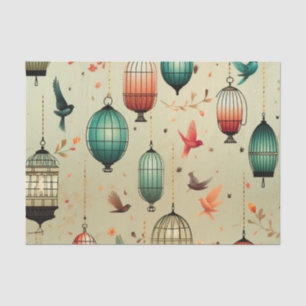 Retro Birdcages and Flying Birds Decoupage Tissue Paper