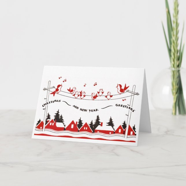Retro birds Christmas and New Years Card (Front)