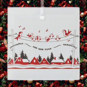 Retro birds Christmas and New Years Glass Ornament
