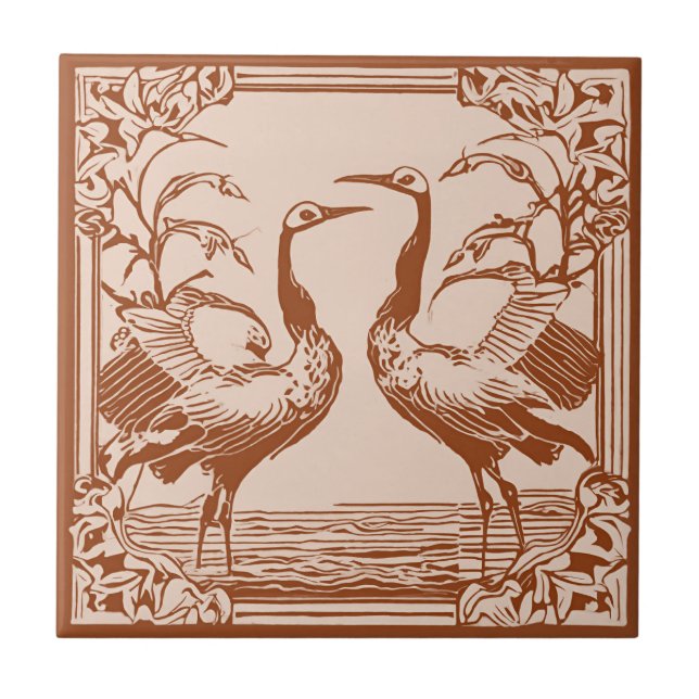 Retro Birds two Cranes Brown Art Deco Art Nouveau Tile (Front)