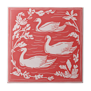 Retro Birds Vintage Art Nouveau Swans Red Art Deco Tile