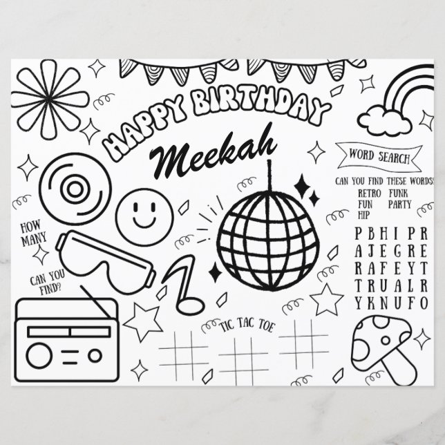 Retro Birthday Colouring Page Groovy 90's Party  (Front)