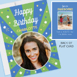 Retro Birthday Custom Name 2 Photo Blue Green Card<br><div class="desc">Say "Happy Birthday" with this retro style birthday card,  including a personalized name and two photographs. A fun design for family,  kids,  friends or pets! Colourful palette of blue,  green,  yellow and white.</div>