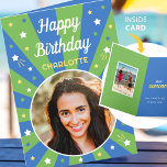 Retro Birthday Custom Name 2 Photo Blue Green Card<br><div class="desc">Say "Happy Birthday" with this retro style birthday card,  including a personalized name and two photographs. A fun design for family,  kids,  friends or pets! Colourful palette of blue,  green,  yellow and white.</div>