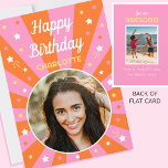 Retro Birthday Custom Name 2 Photo Pink Orange Card<br><div class="desc">Say "Happy Birthday" with this retro style birthday card,  including a personalized name and two photographs. A fun design for family,  kids,  friends or pets! Colourful palette of pink,  orange and white.</div>