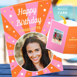 Retro Birthday Custom Name 2 Photo Pink Orange Card<br><div class="desc">Say "Happy Birthday" with this retro style birthday card,  including a personalized name and two photographs. A fun design for family,  kids,  friends or pets! Colourful palette of pink,  orange,  yellow and white.</div>