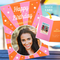 Retro Birthday Custom Name 2 Photo Pink Orange