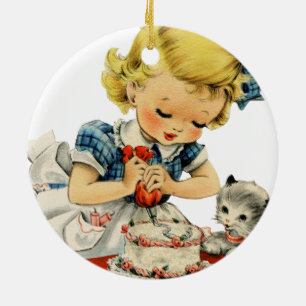 Retro Birthday Girl Cake Cat Artwork Ceramic Ornament