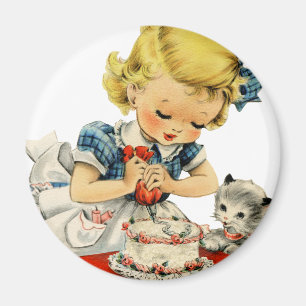 Retro Birthday Girl Cake Cat Artwork Magnet
