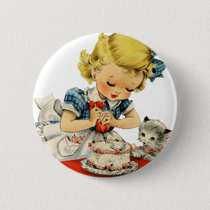 Retro Birthday Girl Cake Cat Children Artwork 2 Inch Round Button