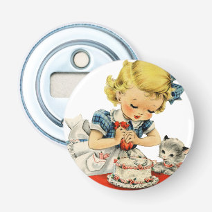 Retro Birthday Girl Cake Cat Children Artwork Bottle Opener