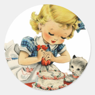 Retro Birthday Girl Cake Cat Children Artwork Classic Round Sticker