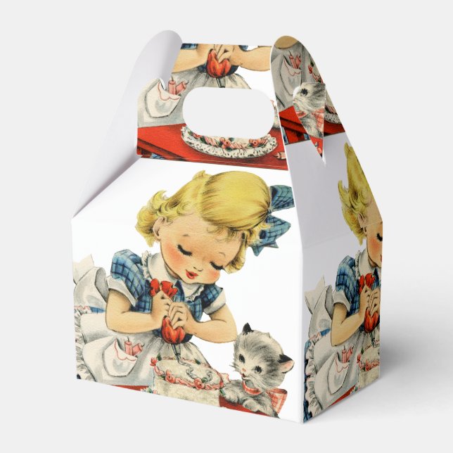 Retro Birthday Girl Cake Cat Children Artwork Favor Box (Front Side)