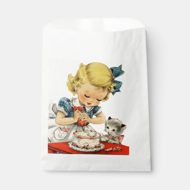 Retro Birthday Girl Cake Cat Children Artwork Favour Bag (Front)