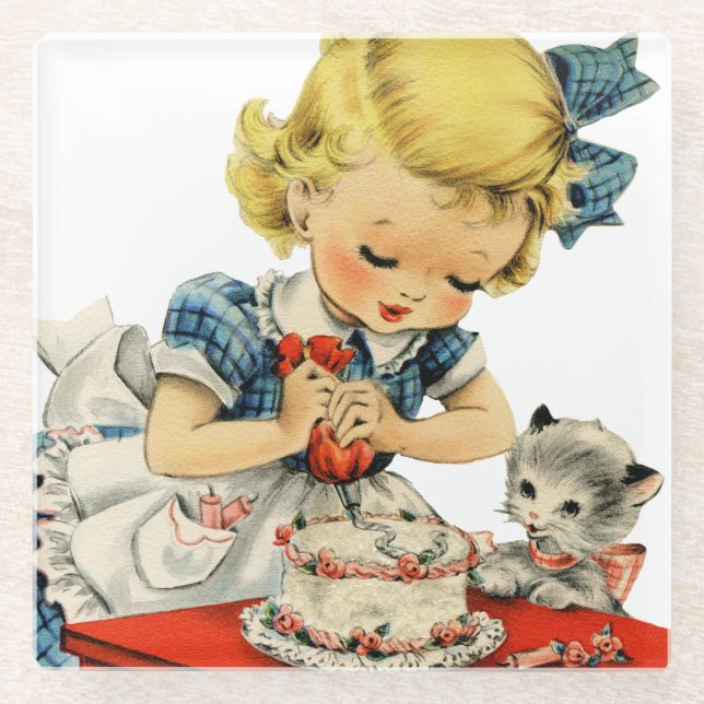 Retro Birthday Girl Cake Cat Children Artwork Glass Coaster (Front)