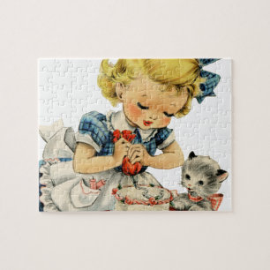 Retro Birthday Girl Cake Cat Children Artwork Jigsaw Puzzle