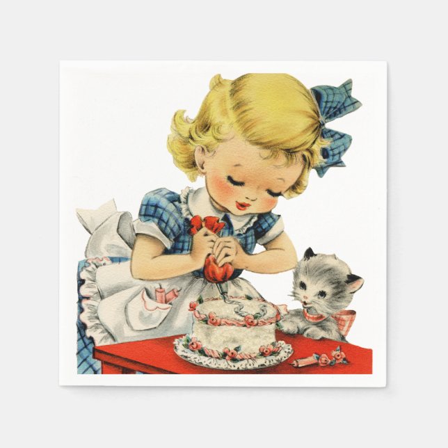 Retro Birthday Girl Cake Cat Children Artwork Napkin (Front)