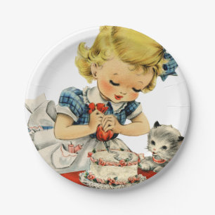 Retro Birthday Girl Cake Cat Children Artwork Paper Plate
